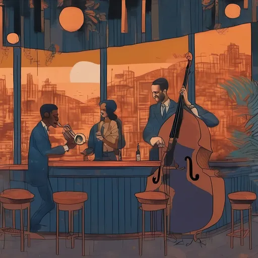 Prompt: A cozy, dimly lit Rio jazz lounge at night, with warm golden and amber lighting, vintage aesthetics, and a relaxed lofi beats vibe. The scene features a small stage with a jazz band—saxophonist, double bass player, and a drummer—playing smooth lofi jazz. The walls are adorned with retro Brazilian jazz posters, vinyl records, and tropical plants. A bartender mixes drinks behind a polished wooden counter, while patrons lounge in plush velvet chairs, sipping cocktails. Outside the window, a soft Rio nightscape with distant city lights and palm trees. The atmosphere is intimate, nostalgic, and slightly grainy with a film-like texture, evoking the warmth of lofi music. Soft bokeh lights, a faint vinyl record static overlay, and a muted color palette with deep blues, warm oranges, and earthy tones."