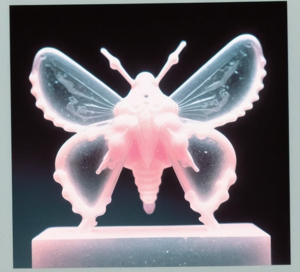 Prompt: Blurry, warped photocopy scan of an image of a star ice sculpture, word 'blimp' inside image of a moth, low-fi, distorted, abstract, ethereal, minimal, elegant, motion blur, experimental art, monochrome, iridescent, halftone dots, risograph, bauhaus, pink, ambient snow