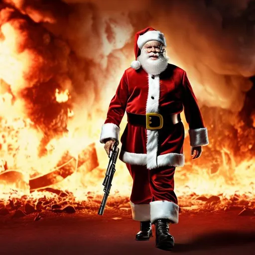 Prompt: Santa Claus wearing a military uniform and an eyepatch walking away from an explosion