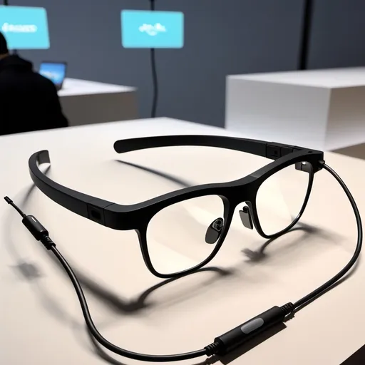 Prompt: Ar glasses with cable going away from the display