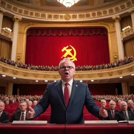 Prompt: Create an image of Tim Walz (governor of Minnesota) giving a speech in front of the  meeting of the Central Committee of the USSR at the Supreme Soviet. Its inside a building auditorium that seats at least 1000 people. 