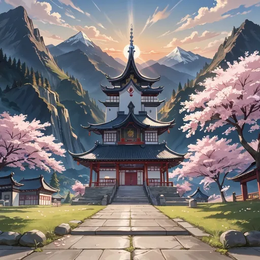 Prompt: feudal Japanese castle surrounded by blossoming cherry blossoms with a mountain range in the background  the sun is setting over the horizon a lone samurai is approaching the castle   