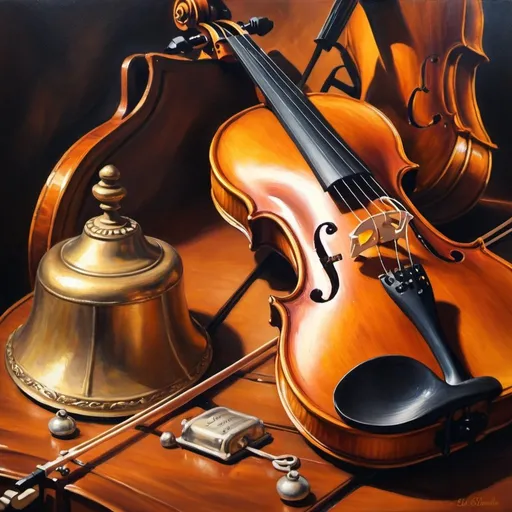 Prompt: Violin and a Bell, oil painting, detailed strings and metal, high quality, realistic, classical, warm tones and soft lighting, intricate details, professional composition, inviting ambiance, peaceful atmosphere