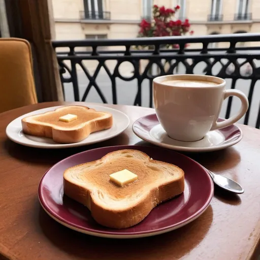 Prompt: an instagram post of kaya butter toast on maroon plate and white cup of coffee in romantic Paris setting 