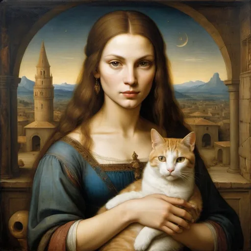 Prompt: Leonardo devinci painting of a woman with a cat and hidden symbols in the background in an mysterious atmosphere