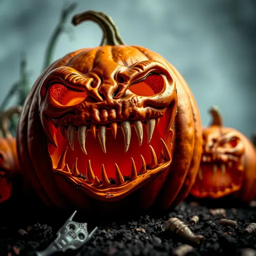 Prompt: Evil pumpkins with sharp teeth