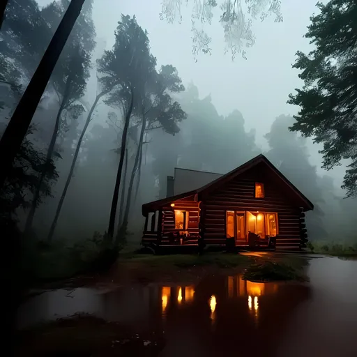 Prompt: create a 20-second video of a cabin, in the woods during heavy rainfall.