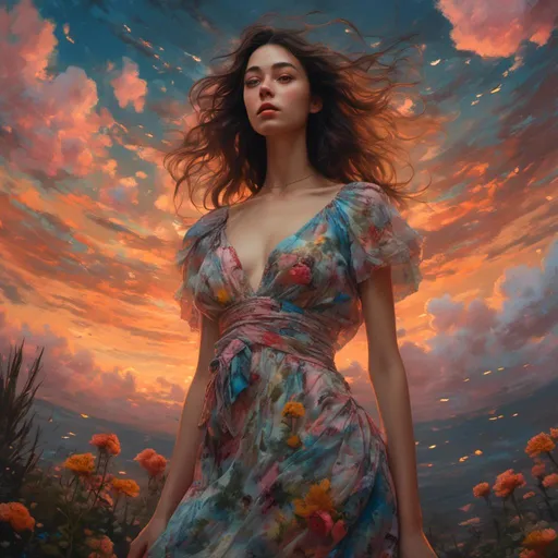 Prompt: A woman portrait in Midjourney <mymodel> style, epic masterpiece, Hyperrealistic, full body close up at night with (hyper detailed:1.5), petite, very young, female supermodel, young woman, with big chest, Insanely detailed, face turned upwards to the sky, blushing lightly, wearing colorful flower summer dress, neckline to the belly, dress covers shoulders, coverd shoulders,