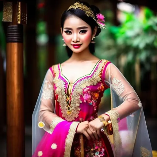 Prompt: Girl asia Indonésia wearing intricate kabaya local domestic traditional in Javanese background people villabreasts traditional local market



