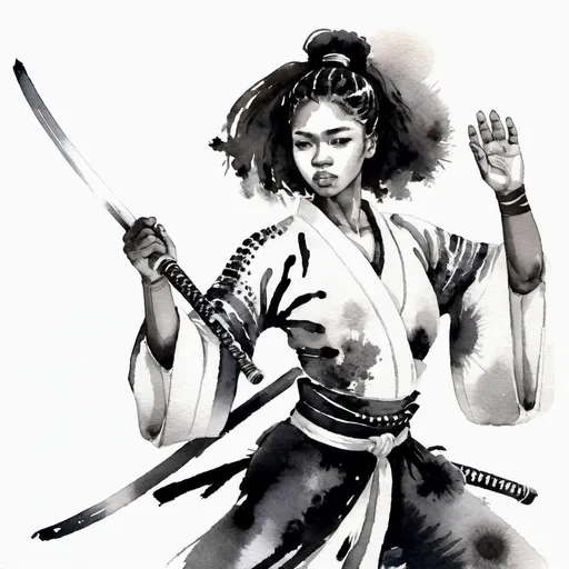 Prompt: best black girl art she is a samurai waving her sword