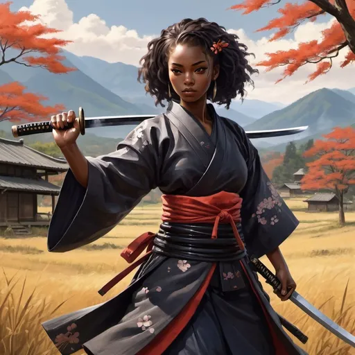 Prompt: best black girl art she is a samurai waving her sword in a rural area