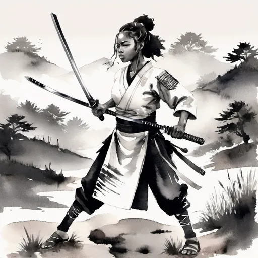 Prompt: best black girl art she is a samurai waving her sword in a rural area