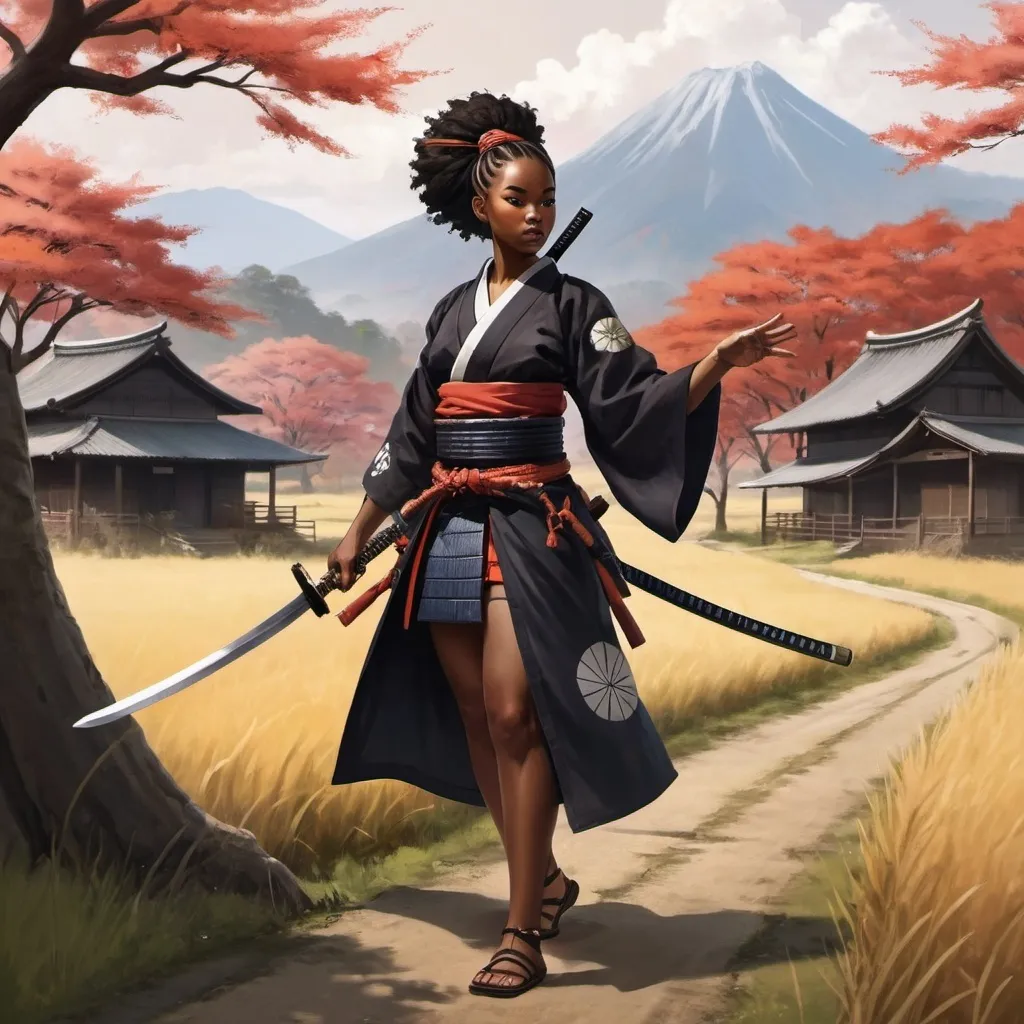 Prompt: best black girl art she is a samurai waving her sword in a rural area