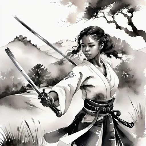 Prompt: best black girl art she is a samurai waving her sword in a rural area