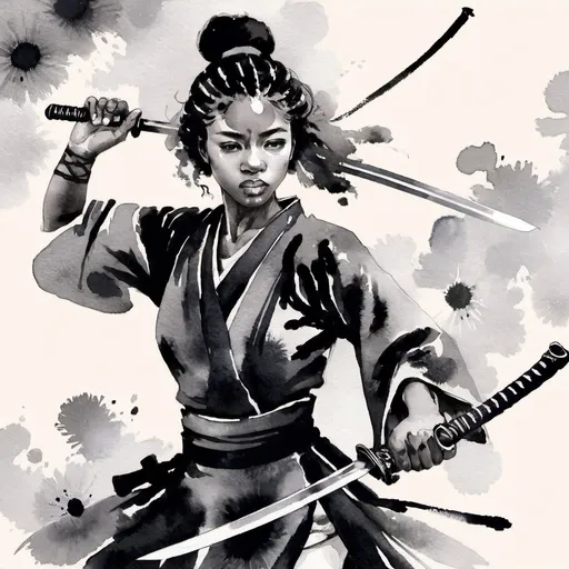 Prompt: best black girl art she is a samurai waving her sword