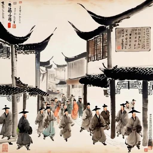 Prompt: A lively market street in Joseon in the 18th century, merchants and pedestrians, chinese painting,