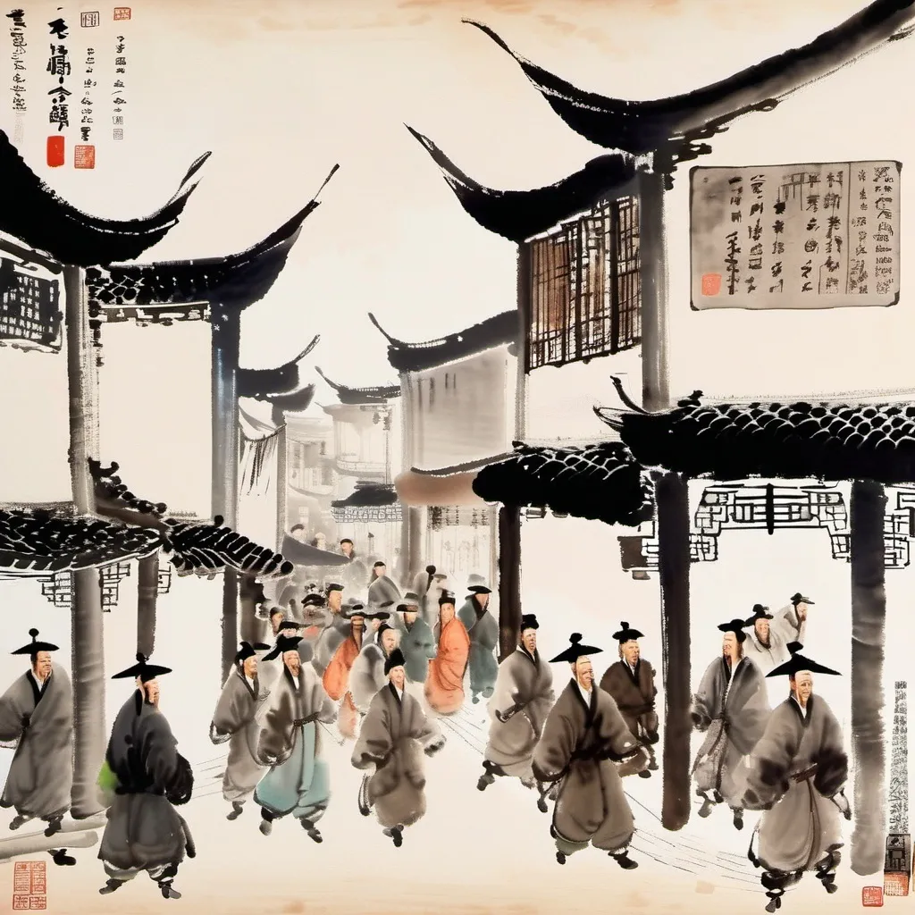 Prompt: A lively market street in Joseon in the 18th century, merchants and pedestrians, chinese painting,