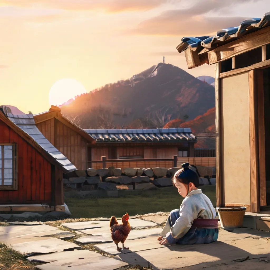 Prompt: During the Joseon Dynasty, a young child is sitting inside a house studying. In the yard, chickens are eating grain. Beyond the wall at the end of the yard, other tile-roofed houses can be seen. Beyond that, the beautiful mountains of Korea are visible. The sun is setting in the sky.