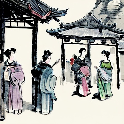 Prompt: A wide and lively market street in Joseon in the 18th century. Merchants are selling goods in their shops and soliciting customers. Various pedestrians, including women, children, and scholars, are buying goods, chatting happily with each other, walking down the street, or bargaining with merchants. Chinese painting.