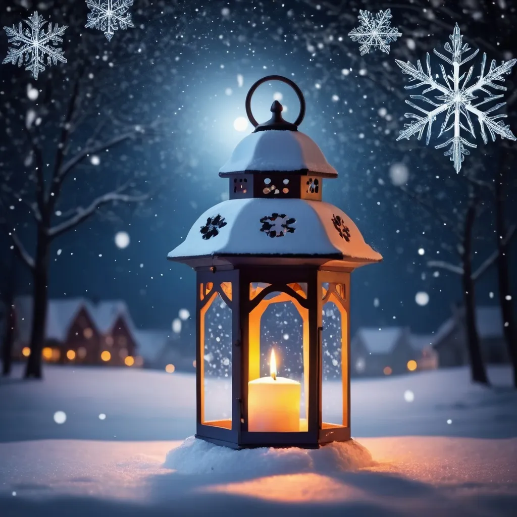 Prompt: christmas lantern with candle, background winter landscape by night, snowflakes are falling down