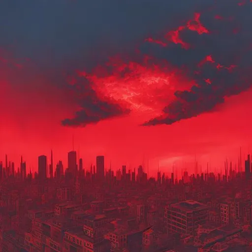 Prompt: a red sky with people rioting in the city