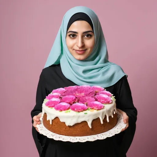 Prompt: Photo of a young Iranian Muslim lady with a flowered chador holding a homemade cake. The background should be white.