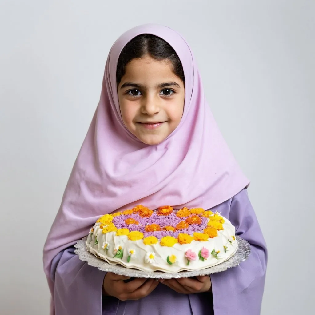 Prompt: Photo of a 10-year-old Iranian Muslim girl with a flowered chador holding a homemade cake. The background should be white.