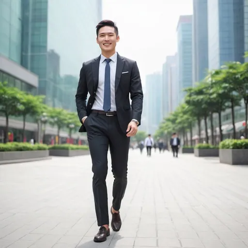 Prompt: Asian men, handsome in business outfit style in the city, smile, fullbody composition, walking