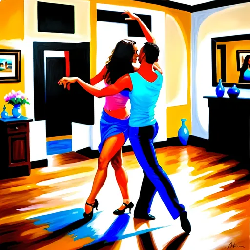 Prompt: Design an oil painting of a beautiful woman giving me Dance Lessons, very realistic detail