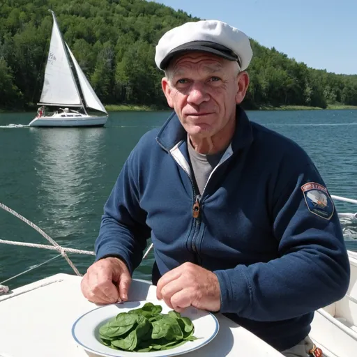 Prompt: Popeye the Sailor Man-LOOKING AT US- sailing a sailboat WHILE EATING SPINACH ON budd lake with a sailboat in the background