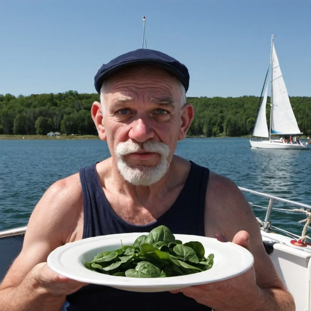 Prompt: Popeye the Sailor Man-LOOKING AT US- sailing a sailboat WHILE EATING SPINACH ON budd lake with a sailboat in the background