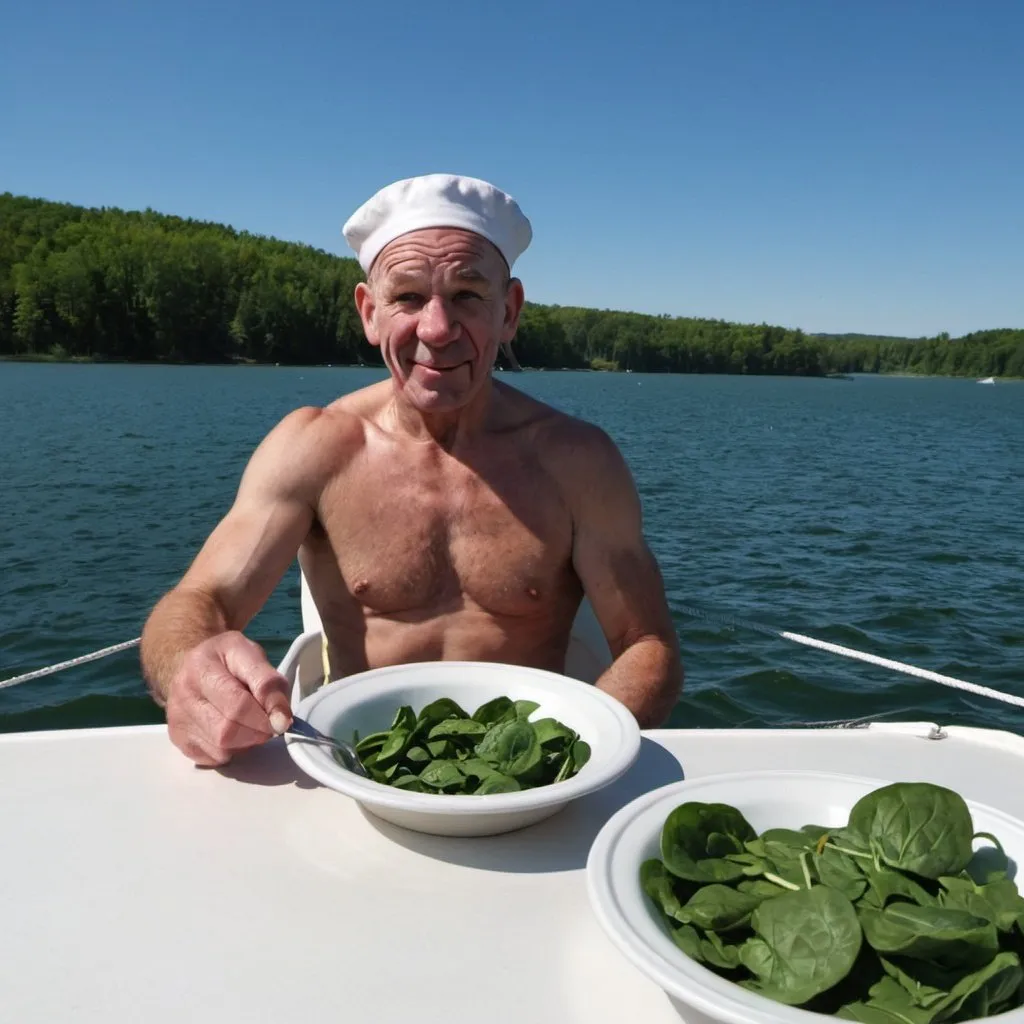 Prompt: Popeye the Sailor Man-LOOKING AT US- sailing a sailboat WHILE EATING SPINACH ON budd lake