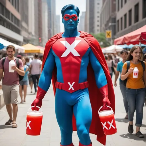 Prompt: A superhero with an x symbol on it distributes drinks to people, which he carries like a backpack
