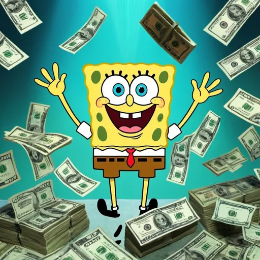 Prompt: Spongebob with lots of money, Mr. Krabs is jealous