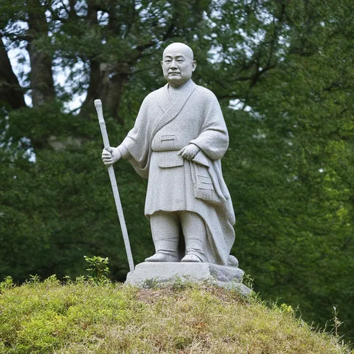 Prompt: simple basic stone statue of a bald Japanese man standing strait holding a staff, low detail, placed on a hill