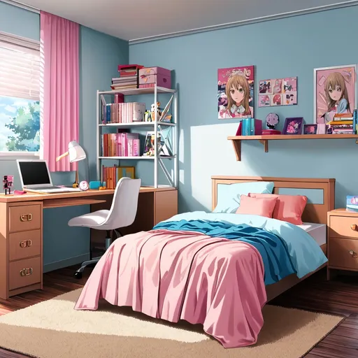 Prompt: A teenage girls bedroom, full size bed with pink covers, wooden desk for studying, light blue walls, light brown carpet, anime look