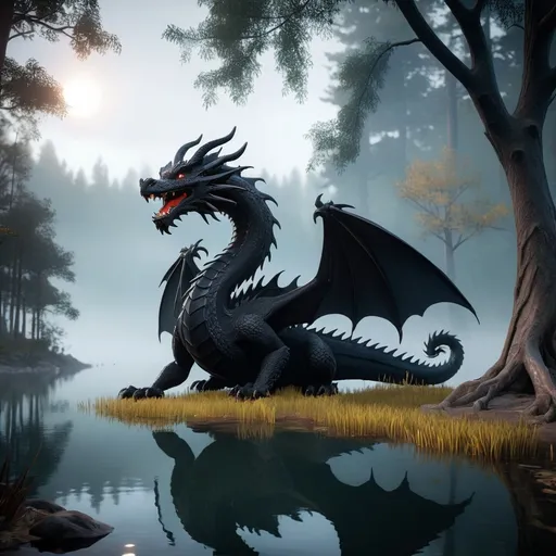 Prompt: a mysterious misty forest next to a lake,                     with a beautiful high quality black dragon  sitting on the waters edge, high quality, unreal engine