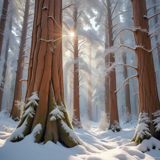 Prompt: Majestic forest, towering giant trees blanketed in fresh, powdery snow, serene atmosphere, soft sunlight filtering through branches, tranquil winter wonderland, intricate tree bark textures, delicate snowflakes glistening, peaceful feeling, enchanting and whimsical scene, high depth of field, ultra-detailed, HD, immersive experience, nature's beauty captured moment.