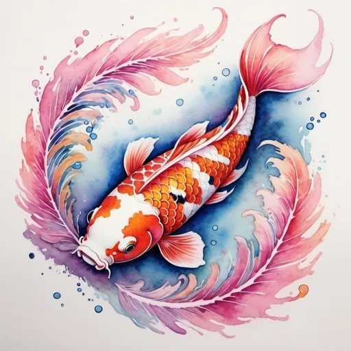 Prompt: Colourful watercolour painting of a dreamy koi fish, vibrant swirls, high quality, watercolour, dreamy, vibrant, colourful, pink, peacock, swirls, animal art, detailed feathers, artistic, whimsical, dreamlike, professional