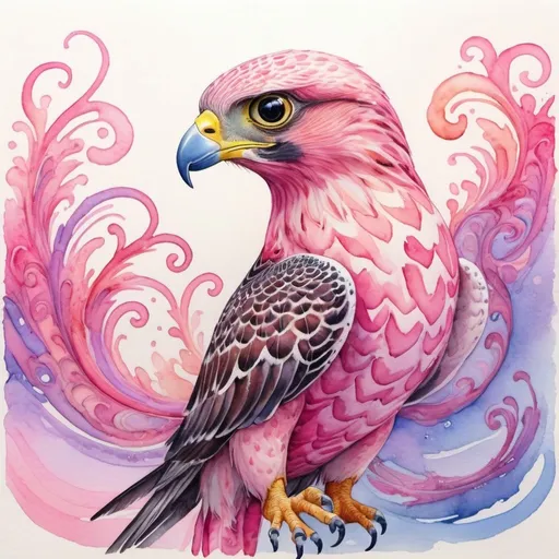 Prompt: Colourful watercolour painting of a dreamy pink sea creature and falcon, vibrant swirls, high quality, watercolour, dreamy, vibrant, colourful, swirls, animal art, detailed feathers, artistic, whimsical, dreamlike, professional