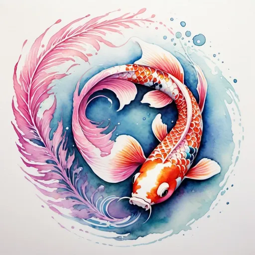 Prompt: Colourful watercolour painting of a dreamy koi fish, vibrant swirls, high quality, watercolour, dreamy, vibrant, colourful, pink, peacock, swirls, animal art, detailed feathers, artistic, whimsical, dreamlike, professional