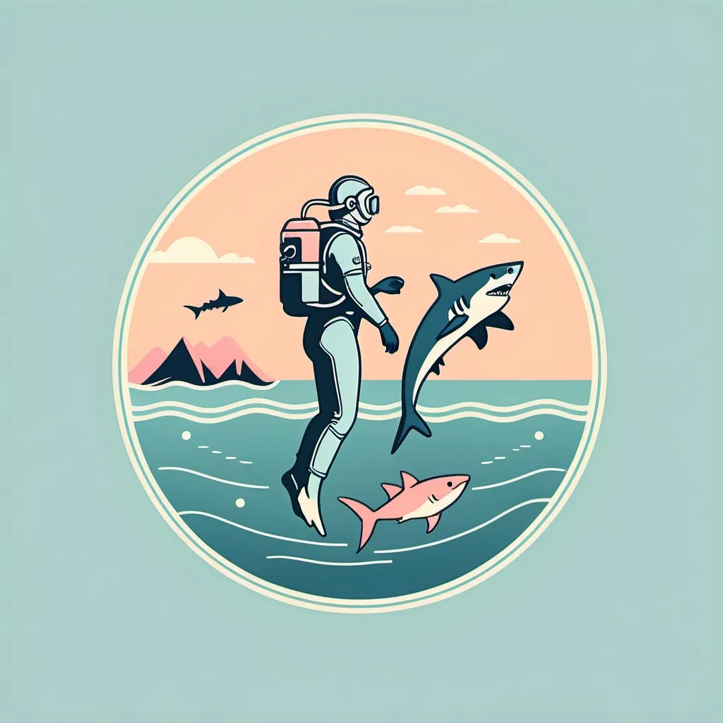 Prompt: a minimalist logo design, pastel colors and a retro aesthetic, a diver and a shark