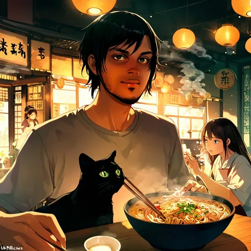 Prompt: anime, detailed, two humans, one male, one female, sitting with, black cat, expressive golden brown and green eyes sparkling with curiosity, whimsical stance embodying playfulness, surrounded by elements resembling steaming noodles, smelling the air pleasantly, mystical serene and enchanting background featuring a cozy Asian noodle shop setting, smell vapors of many aromas wafting in the air, warm lighting casting gentle shadows, ultra-detailed, high quality. 