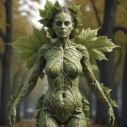 Prompt: Grotesque leaf woman. Full length. Full body. 8K. UHD. Photorealistic. Super detailed.