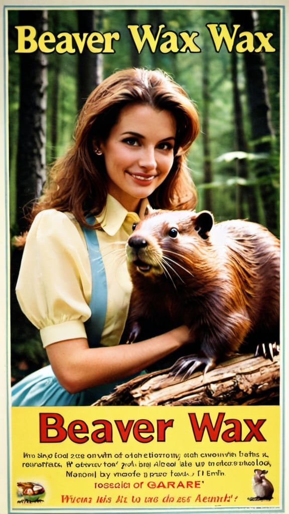 Prompt: Advert for "Beaver Wax". Pretty woman with Beaver in forest.