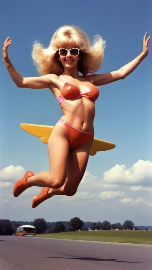 Prompt: Flying bimbo. 1970s style.