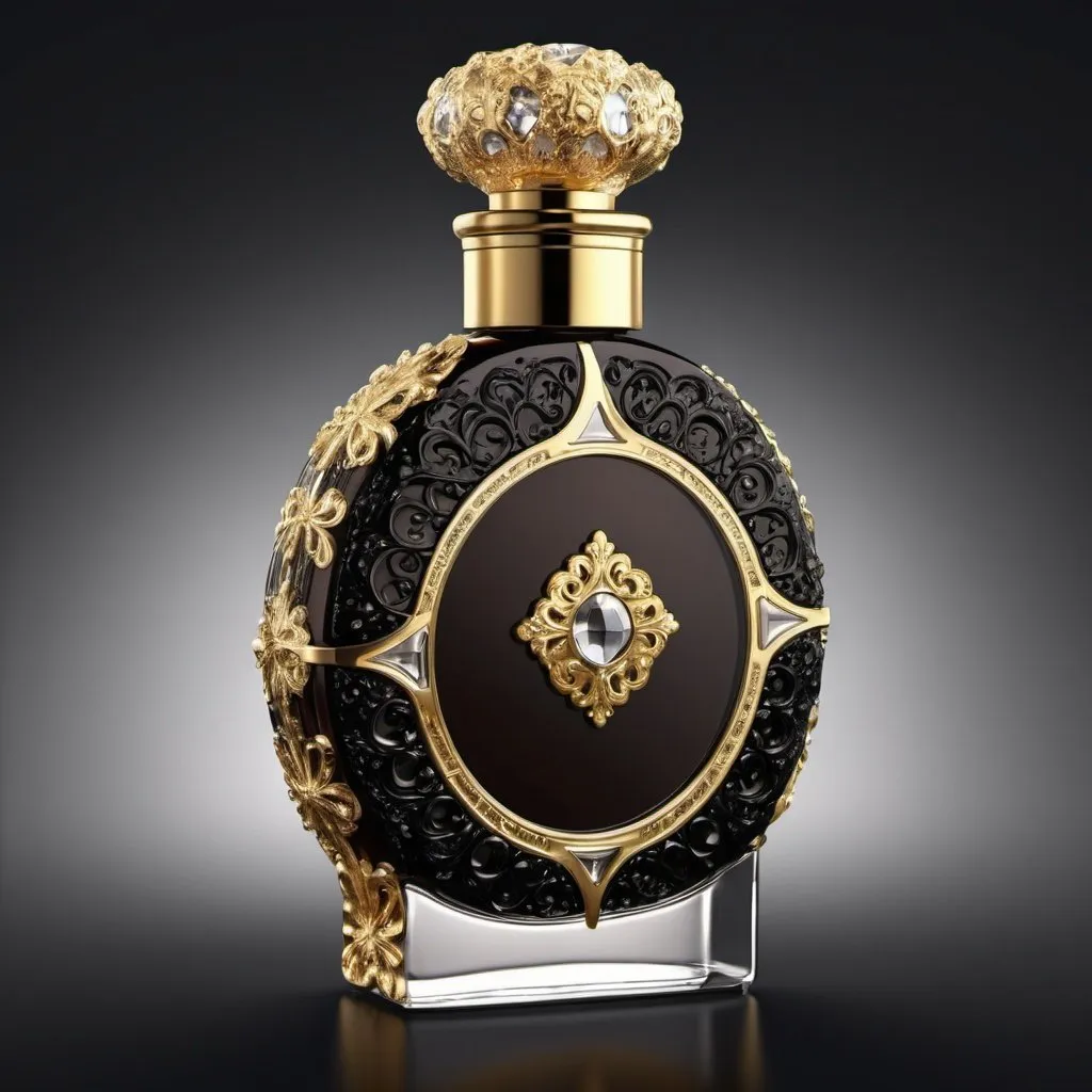 Prompt: Design bottle for luxury perfumes. Called "Maya". Crystal, Gold, black, dark brown. Filigreed gold. Exotic, sophisticated. UHD, HDR, 8K, photorealistic. 