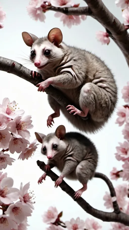 Prompt: Grotesque possum family. Falling cherry blossoms. Full length. Full body. 8K. UHD. Photorealistic. Super detailed.