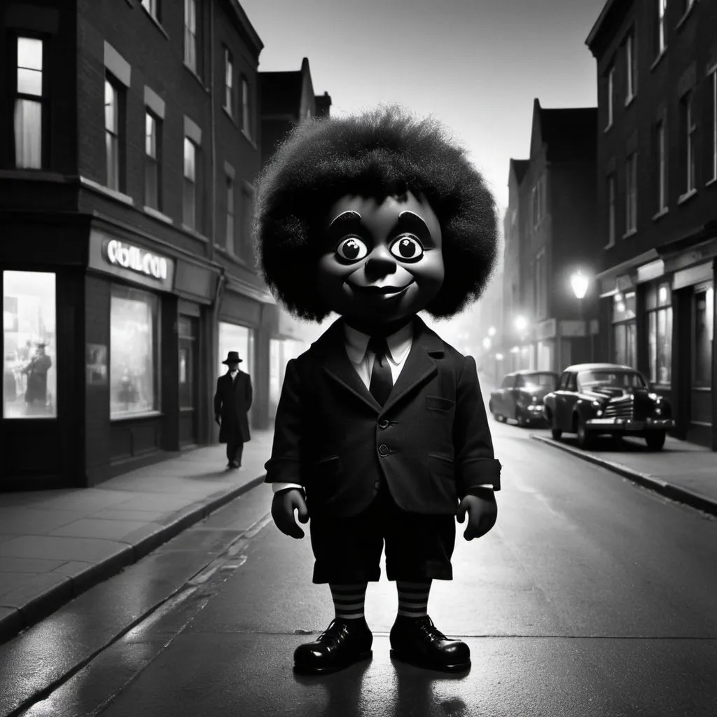 Prompt: Golliwog in city street. Dusk. Film noir poster. Black and white.
