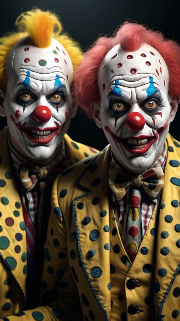 Prompt: Two grotesque trypophobia clowns. Full length. Full body. 8K. UHD. Photorealistic. Super detailed.